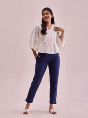 GO COLORS Women Solid Navy Cotton Pencil Pant