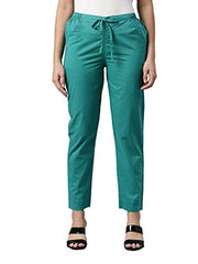 GO COLORS Womens Tapered Fit Cotton Cotton Pants (Peacock Green_L)