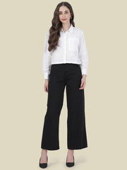 GO COLORS Soft Cotton-Tencel Blend Twill Wide Pants Full Length for Women| Breathable, High Rise, Black