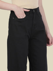 GO COLORS Soft Cotton-Tencel Blend Twill Wide Pants Full Length for Women| Breathable, High Rise, Black