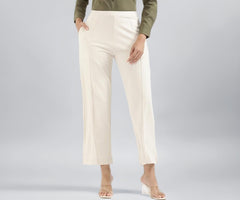 GO COLORS Stretch Rayon Blend Ponte Wide Pants Full Length for Women| Breathable, High Rise, Cream