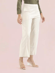 GO COLORS Stretch Rayon Blend Ponte Wide Pants Full Length for Women| Breathable, High Rise, Cream