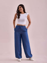 GO COLORS Women Blue Mid Rise Relaxed Fit Linen Denim Palazzo