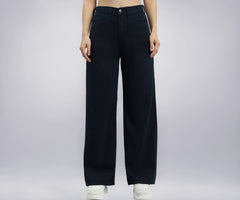GO COLORS Soft Cotton-Tencel Blend Twill Wide Pants Full Length for Women| Breathable, High Rise, Navy