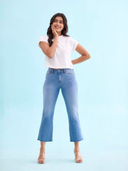 GO COLORS Women Solid Light Blue Denim Mid Rise Stretchable Mini Flare Jeans