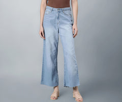 GO COLORS Women's Solid Light Blue Denim High Rise Wide Jeans