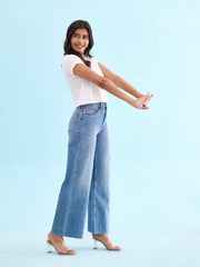 GO COLORS Women's Solid Light Blue Denim High Rise Wide Jeans