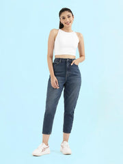 GO COLORS Soft Cotton Mom Jeans for Women| Breathable, Mid Rise, Blue