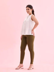 GO COLORS Soft Cotton Stretch Ankle Length Leggings for Women | Breathable, Mid Rise, Olive Green