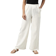 Go Colors Solid Linen Palazzos for Women|Relaxed Fit, Mid Rise, Cream_8905344014367_Off-White_M