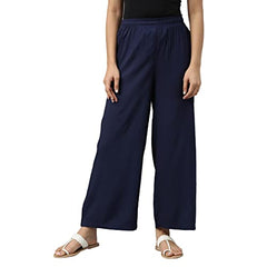 Go Colors Solid Viscose Basic Palazzo for Women | Mid Rise, Side Pockets, Navy_LPZ7_Blue_M