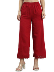 GO COLORS Soft Linen Wide Pant Full Length for Women| Breathable, Mid Rise, Cherry