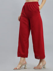 GO COLORS Soft Linen Wide Pant Full Length for Women| Breathable, Mid Rise, Cherry