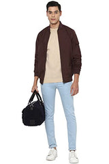 Maroon Allen Solly men's car coat shown hanging, featuring a sleek winter jacket design with a high collar and zipper closure.