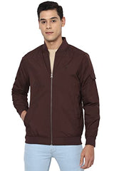 Maroon Allen Solly men's car coat with a high collar and button closure, shown on a hanger. Winter men's jacket for cold weather.