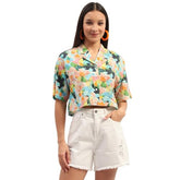 Madame Graphic Print Cotton Sky Blue Cropped Shirt