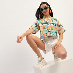 Madame Graphic Print Cotton Sky Blue Cropped Shirt