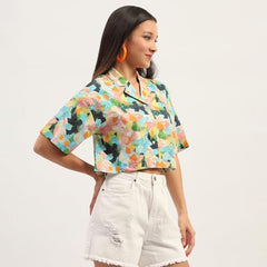 Madame Graphic Print Cotton Sky Blue Cropped Shirt