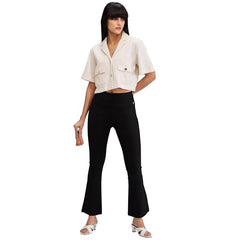Women Black Boot Cut Fit High Rise Knit Trackpants