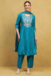 Rangriti Women's Polyester Kurta Set (REVKASA22286AW25TEAL_Teal
