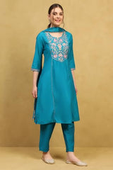 Rangriti Women's Polyester Kurta Set (REVKASA22286AW25TEAL_Teal