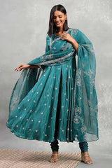 Rangriti Women's Viscose Kurta Set (HEVFS25033AW25TEL_Teal Green