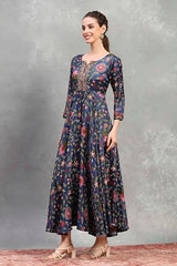 Rangriti Women's Viscose Flared Maxi Dress (FSDR22432AW25BLU_Blue