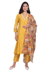 W for Woman Yellow Embroidered A-line Kurta, Pants and Dupatta Set - (WS13248-224259-M)
