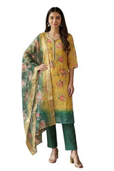 Aurelia Women’s Yellow Jacquard Zari Lace Straight Kurta with Trousers and Dupatta Set - (AS16578-510995-L)