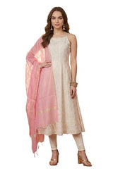 Aurelia Women's Off-White Gold-Toned Chanderi A-Line Noodle Straps Kurta and Leggings Set with Pink Dupatta - (AS16415-510471-L)