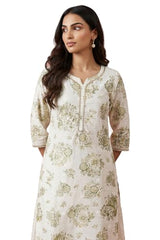 Aurelia Women’s Off White Floral Printed Rayon Straight Kurta with Lace - (A16410-510461-L)