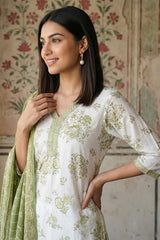 Aurelia Women’s Off White Embroidered Floral Printed Rayon Straight Kurta with Salwar and Dupatta Set - (AS16420-510461-S)