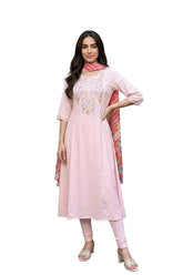 Aurelia Women's Pink Embroidered Buti Shantung Anarkali Kurta with Tights and Dupatta Set - (AS16392-609246-S)