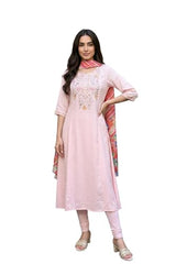 Aurelia Women's Pink Embroidered Buti Shantung Anarkali Kurta with Tights and Dupatta Set - (AS16392-609246-S)
