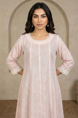 W for Woman Pastel Pink Floral Printed Lace Pure Cotton Anarkali Kurta - (W13812-127544-3XL)