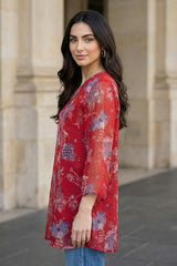 W for Woman Red Floral Printed Chiffon Straight Top - (W31457-126807-M)