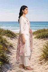 W for Woman Off White Floral Printed Thread Embroidered Chanderi Straight Kurta with Straight Pants and Dupatta Set