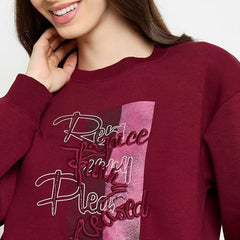 Madame Typography Printed Wine Red Pullover Sweatshirt