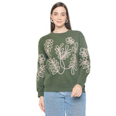 Madame Floral Embroidery Cotton Blend Green Sweatshirt