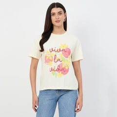 Madame Beige Crew Neck Printed Cotton T-Shirt