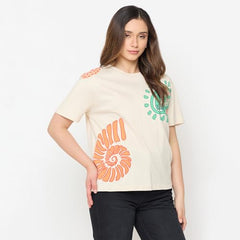 Madame Beige Printed Cotton Round Neck T Shirt