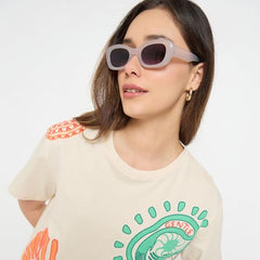 Madame Beige Printed Cotton Round Neck T Shirt