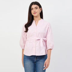 Madame Pink Belted Cotton Mandarin-Collar Top