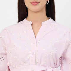 Madame Pink Belted Cotton Mandarin-Collar Top