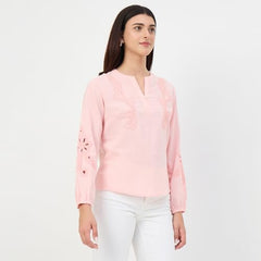 Madame Powder Pink Embroidered Cotton-Linen Tunic Top
