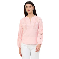 Madame Powder Pink Embroidered Cotton-Linen Tunic Top