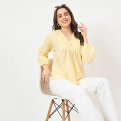 Madame Yellow Printed Puff-Sleeve Top