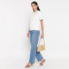 Madame White Cotton Embroidered Half-Sleeve Top