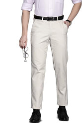 Men Cream Slim Fit Solid Flat Front Formal Trousers