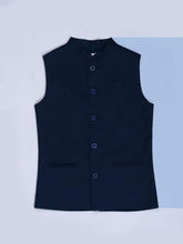 Gini & Jony boys navy blue cotton sleeveless Modi jacket for winter, size 3-4 years, with solid design and front pockets.